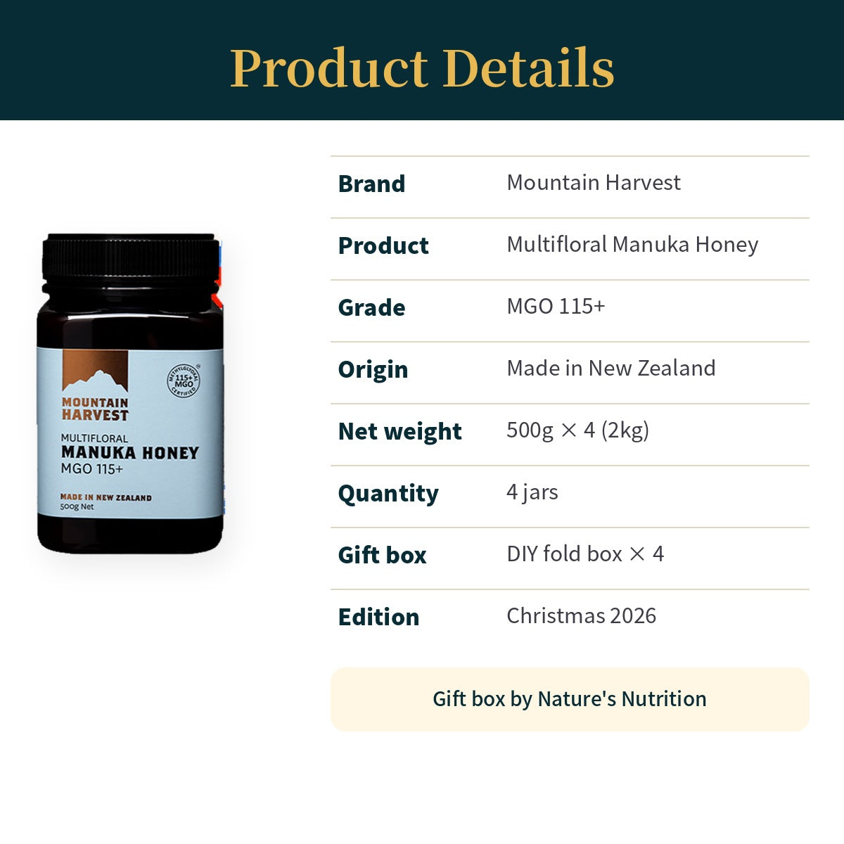 Mountain Harvest Manuka Honey MGO 115+ Christmas Gift Box 500g x 4 (26 edition DIY Fold)
