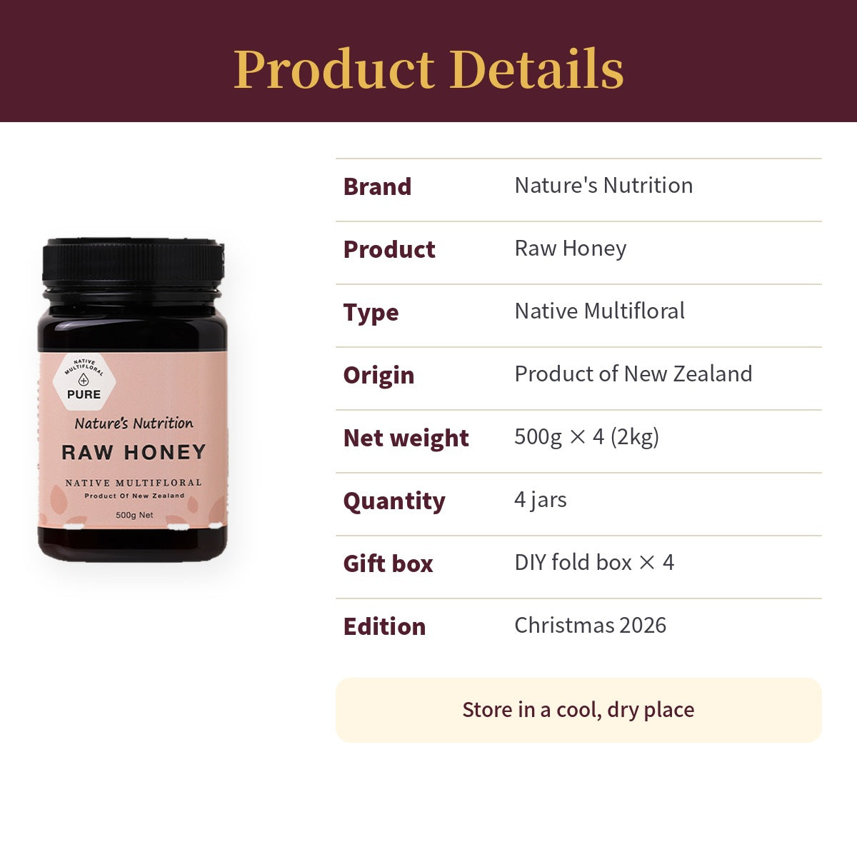 Nature's Nutrition Raw Honey Christmas gift box 500g x 4 (26 edition DIY Fold)