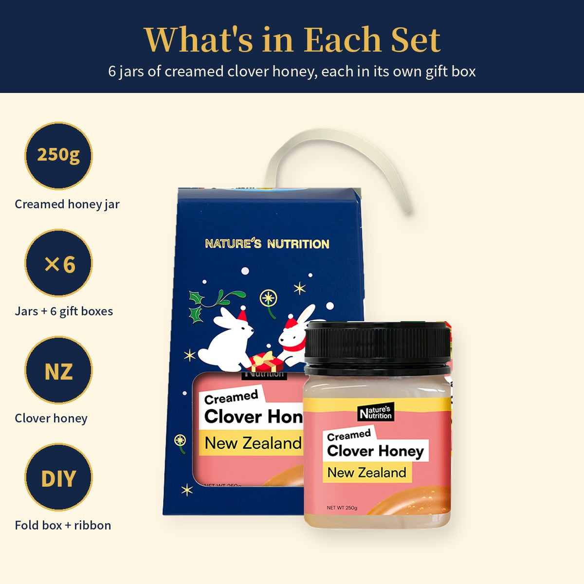 Nature's Nutrition Clover Honey Christmas Gift Box 250g x 6 (25 edition - Random Color/DIY Fold)