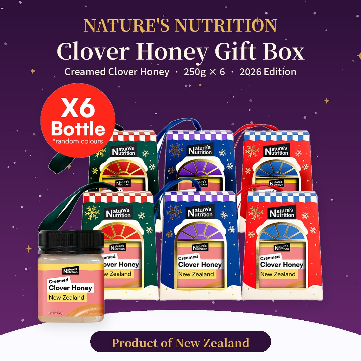 Nature's Nutrition Clover Honey Christmas Gift Box 250g x 6 (26 edition - Random Color/DIY Fold)