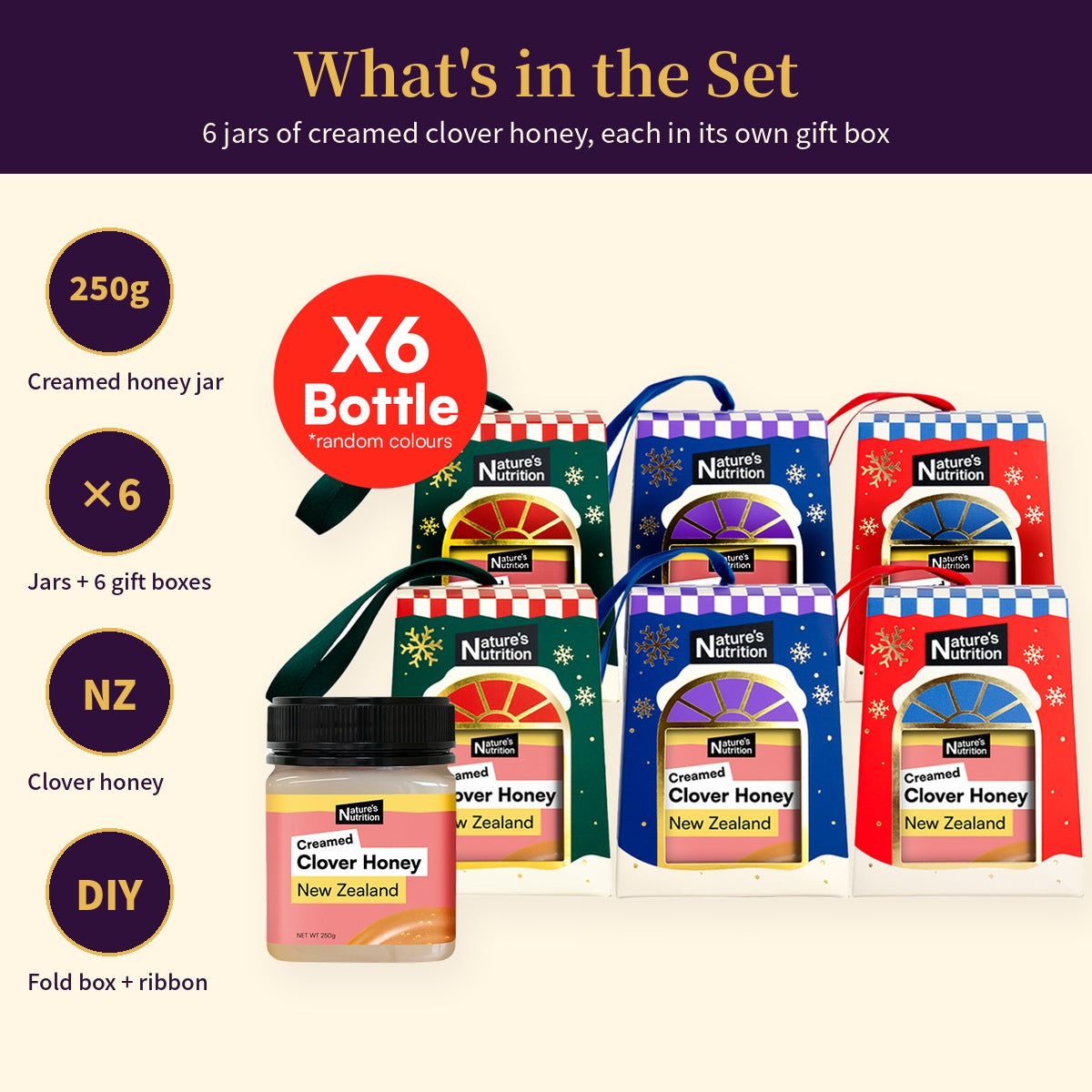 Nature's Nutrition Clover Honey Christmas Gift Box 250g x 6 (26 edition - Random Color/DIY Fold)