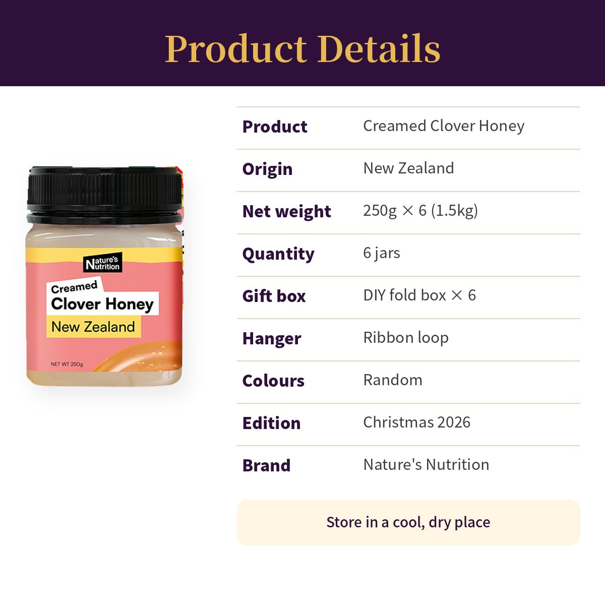 Nature's Nutrition Clover Honey Christmas Gift Box 250g x 6 (26 edition - Random Color/DIY Fold)