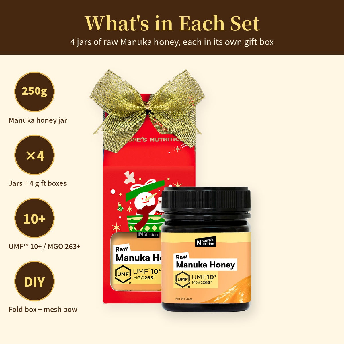 Nature's Nutrition UMF 10+ Manuka Honey Christmas Gift Box 250g x 4 (25 edition - Random Color/DIY Fold)