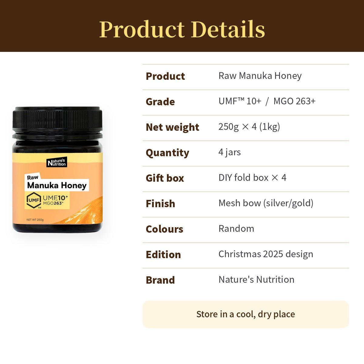 Nature's Nutrition UMF 10+ Manuka Honey Christmas Gift Box 250g x 4 (25 edition - Random Color/DIY Fold)