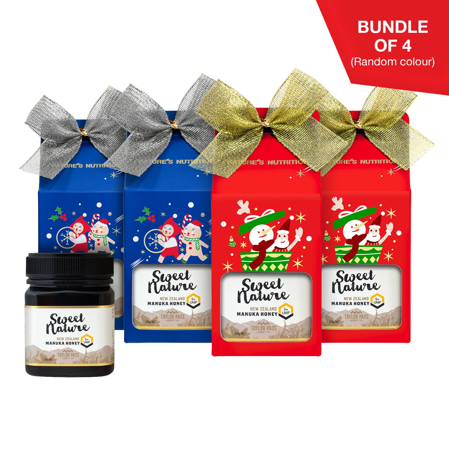 Sweet Nature UMF 5+ Manuka Honey Christmas Gift Box 250g x 4 (2025 edition - random color box unfolded)