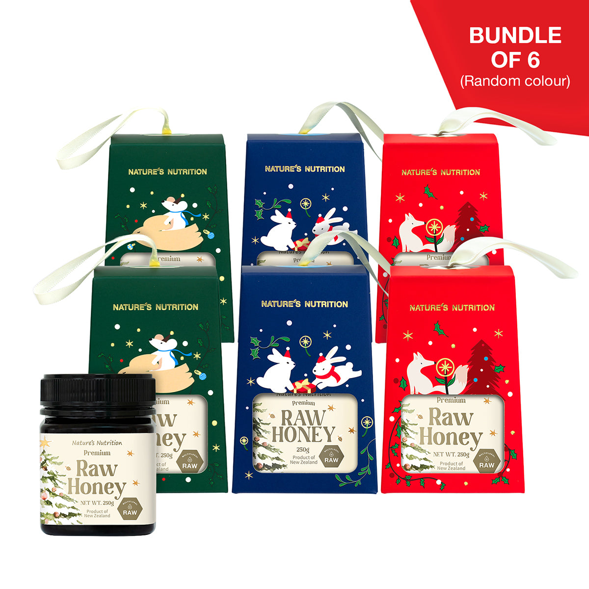 Nature's Nutrition Raw Honey Christmas Gift Box 250g x 6 (2025 edition - random color box no folding)