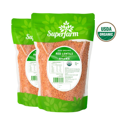 Superfarm Raw Organic Red Lentils (Split) 1KGx2 | USDA Certified Organic